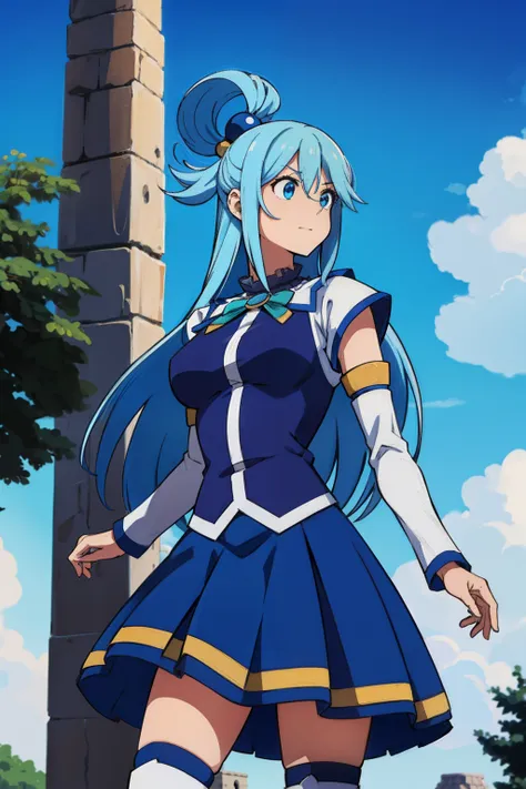 obra maestra, vibrante, detallado, highres) aqua \(konosuba\) ojos azules, calzado azul, cabello azul, muslos azules, botas, pec...