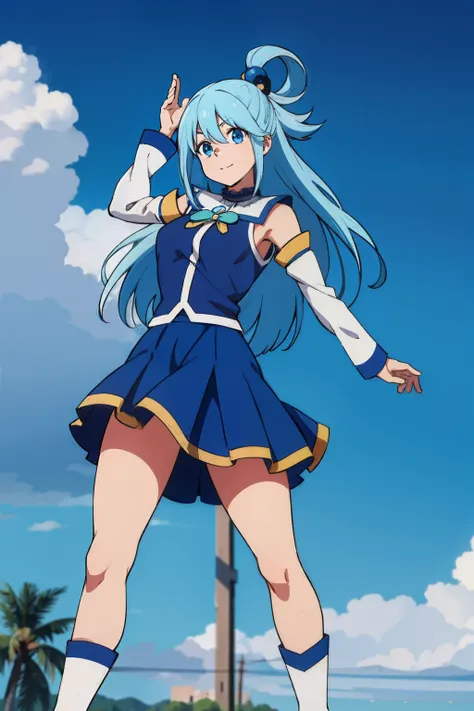 obra maestra, vibrante, detallado, highres) aqua \(konosuba\) ojos azules, calzado azul, cabello azul, muslos azules, botas, pec...