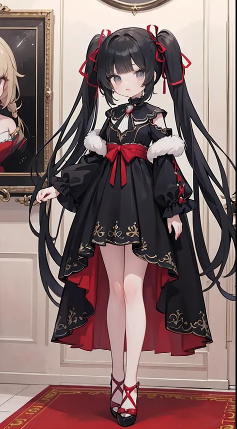 1girll，Transcendent Beautiful Girl、Precise face、Fluffy long black hair，(Half Twin Tail)，Red colored eyes，Black and red luxury dresses，((Inside the rich and noble house))，full body standing painting，Ultra-detailed CG，Exquisite facial features，Clear facial e...