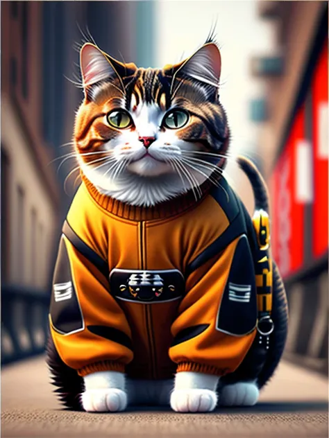 Fashionable cat images, trends in the art station, fashionshow, Ultra-realistic detail rendering, Urban style, intimidating pose, planet of the cats, Fashion clothes, Urban Samurai, meow,