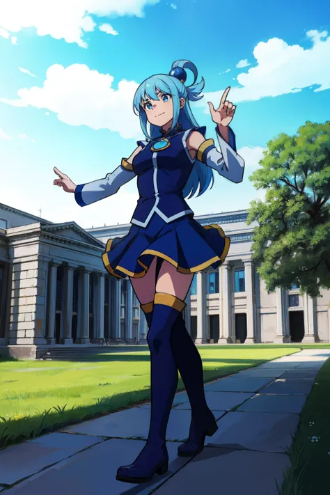 obra maestra, vibrante, detallado, highres) aqua \(konosuba\) ojos azules, calzado azul, cabello azul, muslos azules, botas, pec...