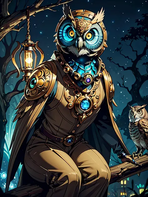 (masterpiece, high quality), 
concept art of a beautiful ornate mechanical steampunk owl, looking at viewer, 
anime owl, sitting on a tree branch,
extremely detailed eyes,
dark nebula bioluminescence sky,  (3d style:0.5), bokeh,
ultra realistic, sharp focu...