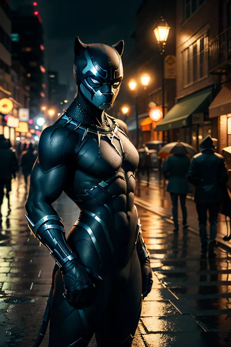 an anthro black panther idol, cute, cityscape, night, rain, wet, professional lighting, photon mapping, radiosity, physically-based rendering