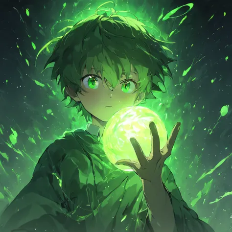 A boy conjuring a green ball of light in his hands