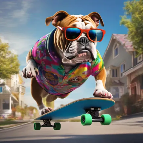 ((Bulldog in colorful skateboard-style costume and sunglasses skateboarding on suburban street)):1.8、Masterpiece、A hyper-realistic