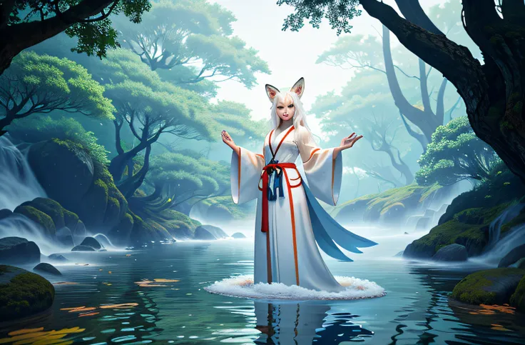 a beautiful and ethereal fox spirit dressed in a flowing white Chinese robe. The image captures the fox spirit standing gracefully on the waters surface, surrounded by white clouds and mist that lend an otherworldly quality to the scene. The fox spirits lo...