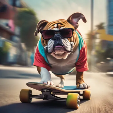 ((Bulldog in sunglasses in colorful skateboard-style costume speeding through suburban street、Flowing background with a sense of speed)):1.8、Masterpiece、A hyper-realistic、Highly detailed background，Realistic，ultra-detailliert，super detailed skin，light glow...