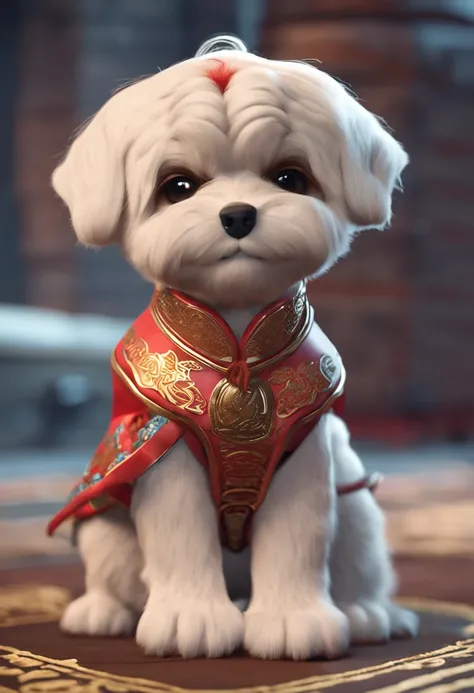 Cute and cool stickers, Maltese, Fluffy lid, White background, Teen cute puppy wearing ancient Chinese costume, hot pot，Cinematic, Hyperrealistic, back lit lighting,very low angle, Highly detailed, zoomout, rendered in unrealengine,