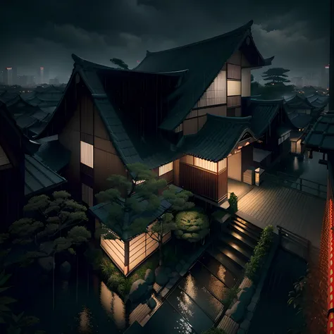 Japanese modern architecture on a fairly large plot, There is a swimming pool in the middle of a large one-story house, cor da casa em vigas marrom chocolate e preto, large Japanese styles residence, with a lot of lights on the building, amazing wallpaper,...