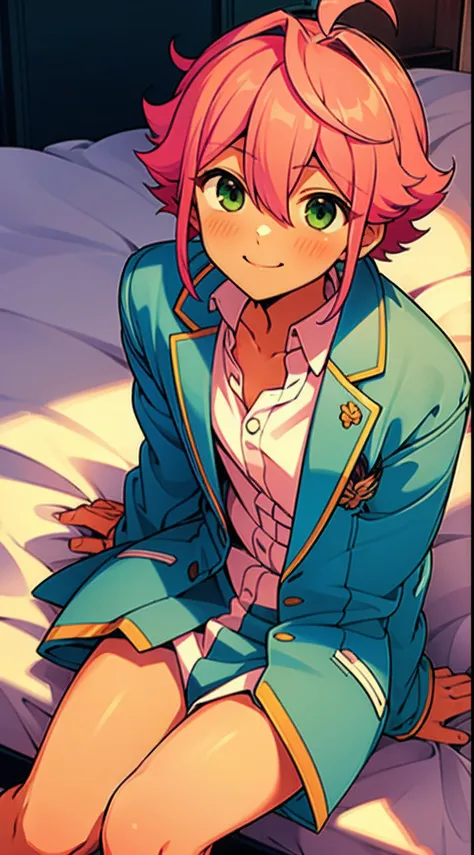 Tori Himemiya, Tori, pink hair, short hair, green eyes, smile, blush, 1boy, solo, male focus, petite boy, bedroom, bed, sitting on bed