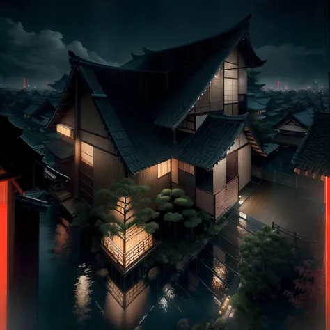 Japanese modern architecture on a fairly large plot, There is a swimming pool in the middle of a large one-story house, cor da casa em vigas marrom chocolate e preto, large Japanese styles residence, with a lot of lights on the building, amazing wallpaper,...