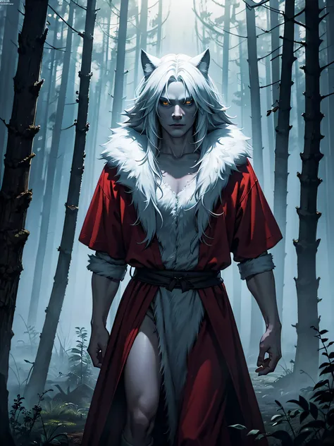 photo of scary huge creature, white wolf, humanoid, night, forest, netflix, cinematic, horror, BREAK girl with  red dress, scared, BREAK, fog, smoke,  detailed background, intricate forest, mistic lights,