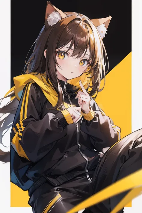 1girl，cat ear，Brown hair，Yellow sweatshirt，Black pantsuit，style of anime，High quality anime art，Anime art wallpaper 4k