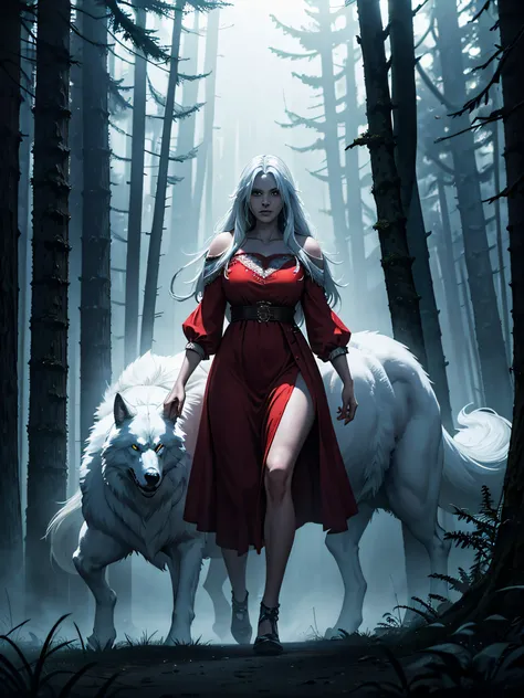 photo of scary huge creature, white wolf, humanoid, night, forest, netflix, cinematic, horror, BREAK girl with  red dress, scared, BREAK, fog, smoke,  detailed background, intricate forest, mistic lights,