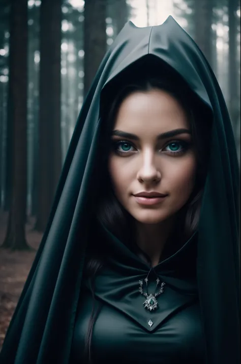 close up portrait of an insanely stunning young witch holding a gigantic candelabra, black dress, hooded black long cloak, extremely foggy forest, blue tones, grey tones, sharp focus, dark green eyes, siren eyes makeup, symmetrical, smirking smile, 8k high...