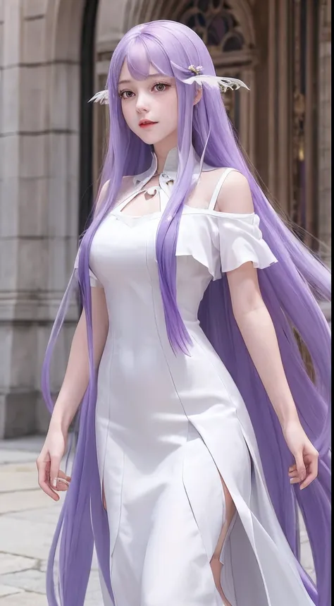 masterpiece,, best quality, highres. 1girl, solo, very long hair, light purple hair, swept bangs, purple eyes, white dress, long...