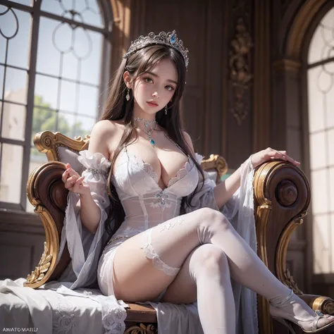 Arapefi, Purple princess dress， seated on a throne， wearing high heels，Place your hands on your chest，Wear a crown，choker necklace，Look from the front，close-up from the front，next to a window, sitting in a castle, Sense of transparency，（oversized boobs，1.5...