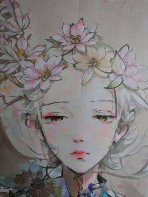 Draw a hair with flowers，Woman with butterflies in her hair, lotus floral crown girl, korean art nouveau anime, inspired by Miho Hirano, Soft anime illustration, jinyoung shin art, she has a crown of flowers, flower queen, dreamlike illustration, A beautif...