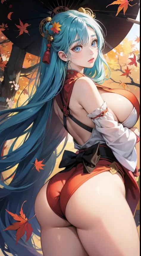 A Japanese style　animesque　wondrous　strange　Whimsical　surreal　fanciful　Sci-Fi Fantasy　Girl Slowly Descending Holding on to Huge Autumn Leaves Large breasts large ass, sweet innocent sexy beautiful face