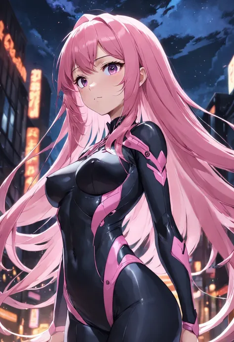 Perfect woman, full body, pink hair, long hair, serious expression, Black skintight suit, large breasts