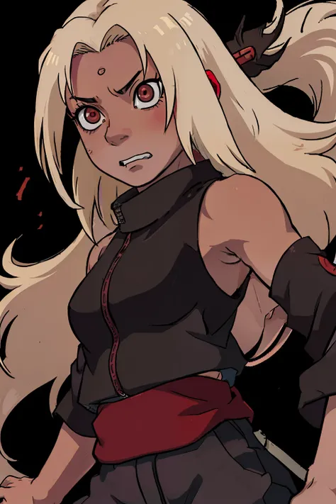 close up, (((dark skin))), blonde hair, messy hair, (((red eyes))), black tube top, naruto artstyle, serious expression, inuzuka, small breasts