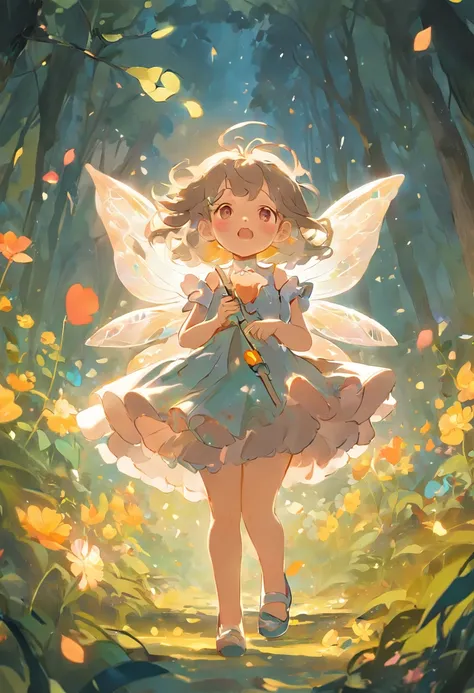 ln the forest，night moon，Mini cute 3 year old flower fairy, Chubby toot，Skirt made of petals，Huge flowers，Colorful colorful，Transparent colorful wings, Magic wand，closeup cleavage，Light attenuation，Glow effects，depth of fields，high light，Real light，Ray tra...