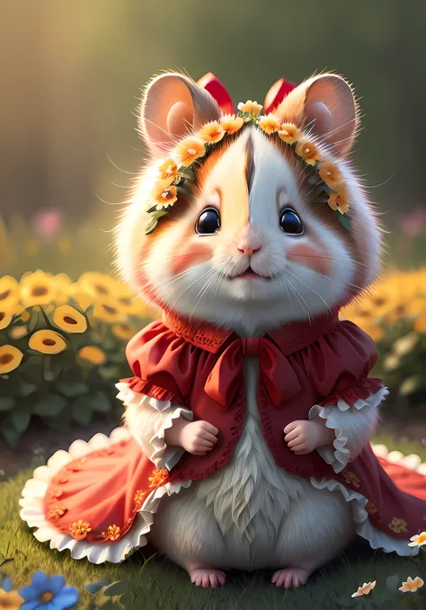 Hamster, Wear intricate blouse, frills, red ribbon, garden, Nature, no_humans, cute,  Depth of Field, to8Contrast Style, DARK_Glam, colorful, (8k, RAW Photo, Top Quality, Masterpiece: 1.2), flower field happy