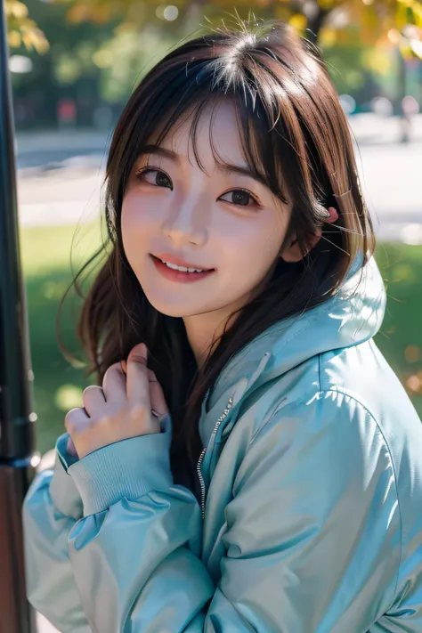 top-quality、超A high resolution、(Photorealsitic:1.4)、女の子1人、cute little、(JPOP Idol)、(aegyo sal:1)、(Puffy eyes)、looking at the viewers、facing the front there、laughing、autumnal、parka