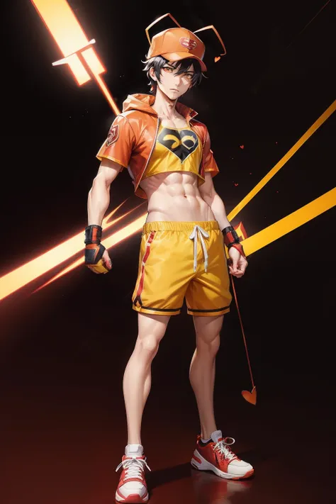 anime style, male superhero with red full body uniform, yellow shorts over clothes, yellow sneakers, red hat with two antennae sticking out of it, heart symbol on chest.