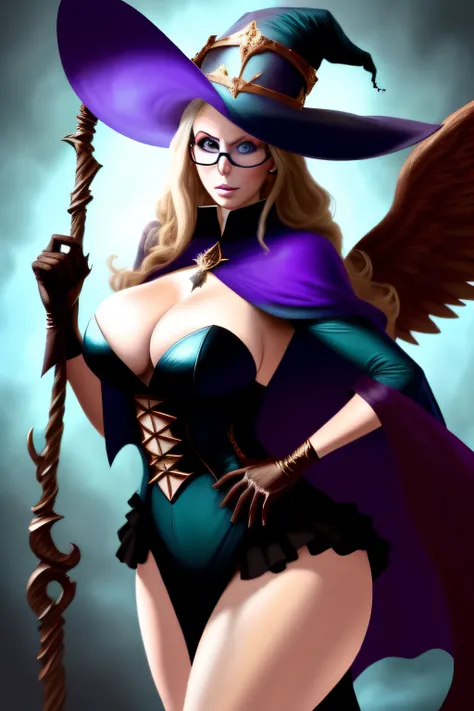 Maria brink a very beautiful animated sexy woman with a large hat and large wings with a staff, 1girl, breasts, hat, witch hat, solo, long hair, green eyes, glasses, staff, huge breasts, big tits, supple , sexy legs, sexy hips, beautiful face, hannahowo, e...