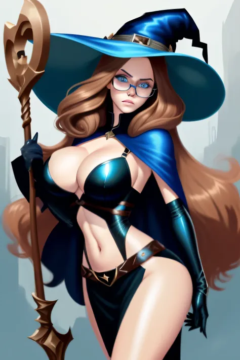 liv morgan a very beautiful animated sexy woman with a large hat and large wings with a staff, 1girl, breasts, hat, witch hat, solo, long hair, green eyes, glasses, staff, huge breasts, big tits, supple , sexy legs, sexy hips, beautiful face, hannahowo, ed...