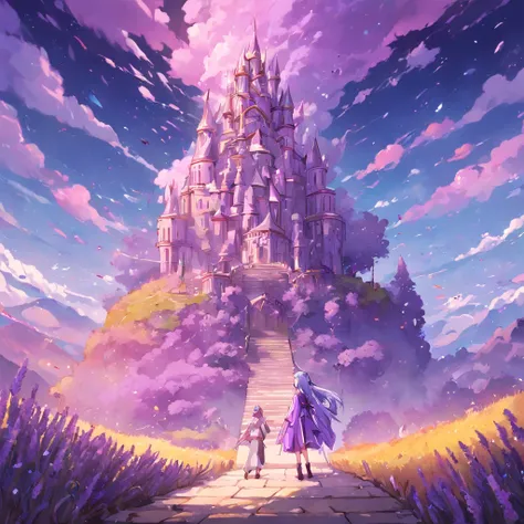 High fantasy image of rainbow lavender fortress