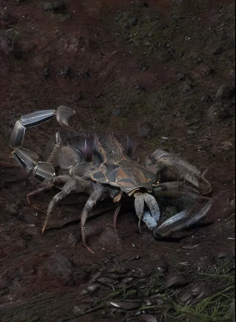 The Aalfard scorpion on the ground carries grass and dirt, Scorpion, highly detailed creature, tiger - crab creature, Megalophobia, mkscorpion, new species, detailed hot maw, highly detailed barlowe 8 k, carapace, megascans texture, crustacean, spotted ult...