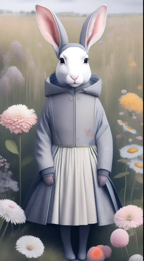 fashionable animals : several animals side by side : un lapin (en costume gris). in a field of flowers in the manner of miho hir...