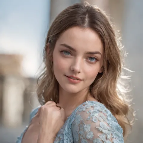 A 34c cup Ana de Armas look alike lady, beaming with joy, her blue eyes twinkling in the sunlight, wearing a casual dress, rendered in stunning hyper-realism with a Fujifilm GFX 100S medium format mirrorless camera.