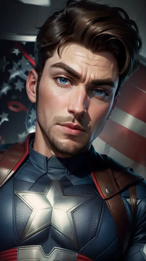 Change background look Captain America handsome boy, ultra relastic