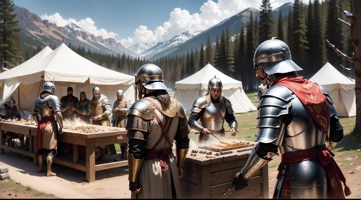 Roman soldiers (all male) making a camp with tents, wood walls and preparing food for the long nigh, realistic, well defined, historic, ancient, metal armors, helmets, eagle standards --auto