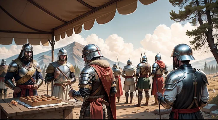 Roman soldiers (all male) making a camp with tents, wood walls and preparing food for the long nigh, realistic, well defined, historic, ancient, metal armors, helmets, eagle standards --auto