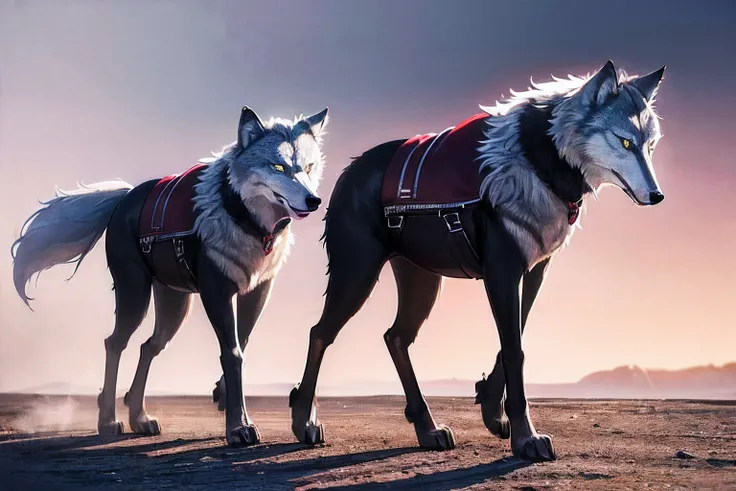 (wild life wolf is walking on four legs:1.4), slender, full body shot, stylish, (open fur black leather jacket in red hooded innerwear:1.2), intricate detailed, extremely detailed, rendered in stunning 32k resolution , catch light, soft shadow, high contra...