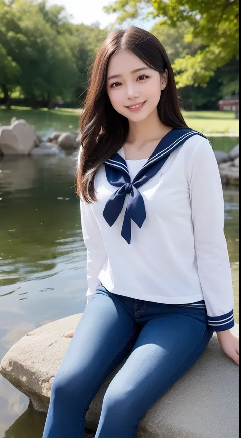 A smiling girl，In sailor suit，Blue skinny jeans，Sitting on a large rock by the pond，com rosto detalhado，The eyes are delicate，The photo quality is the best，Realistic image quality，Background diffuse lighting，Depth of field display。