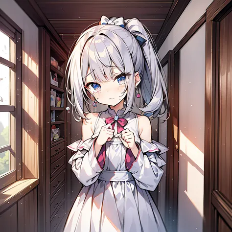 An anime girl around 5 years old，Double ponytail hairstyle 1.5，Long white hair 1.5，Wearing a plain white dress，Stand in the girls room（Crying 1.5）（Grief Cry 1.5）（Shed tears 1.5）（The background is in the room in the village：1.5），Anime style 4K，Anime renderi...