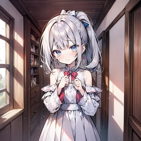 An anime girl around 5 years old，Double ponytail hairstyle 1.5，Long white hair 1.5，Wearing a plain white dress，Stand in the girls room（Crying 1.5）（Grief Cry 1.5）（Shed tears 1.5）（The background is in the room in the village：1.5），Anime style 4K，Anime renderi...