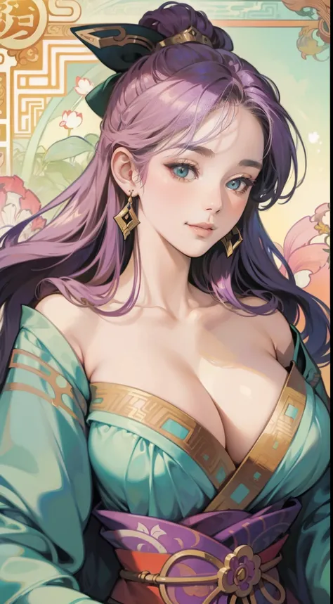 Ukiyo-e style　Alphonse Mucha　animesque　wondrous　strange　Whimsical　surreal　fanciful　Sci-Fi Fantasy　Geometry Dream　Garden of a three-dimensional maze　Girl Alice　huge breasts cleavage front square on, close up to upper body face and breasts only, smiling