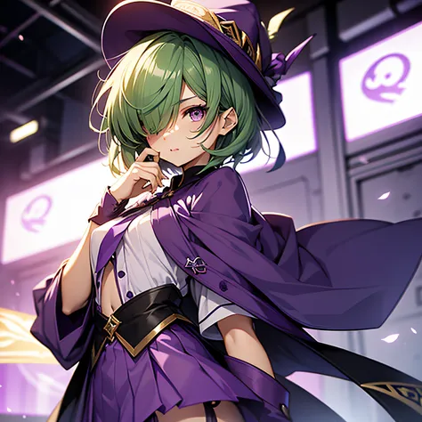 top-quality、extremely delicate and beautiful、(A teenage girl)、Purple Eye、Green hair、short-haired、(Purple pointy hat)、Purple tie、Soio、shortsleeves、Purple skirt、Purple Wizard Robe、Navel、is standing、（(Only one eye)）、（Cuts on the face）