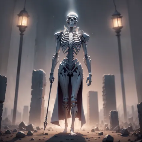 in a panoramic view，Standing whole body，head to toe，Human skeleton，The skeleton had a red light in its eyes，solo person，Spellcaster，emaciated，Hold a bone staff，Worn-out cloak，White bones， brightened light，without background，cgi style， 8K，Best 6 Quality --N...