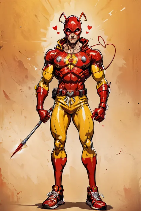 male superhero in red full body uniform, yellow sneakers, red hood with two antennae sticking out of it, yellow heart symbol on chest, holding red and yellow warhammer.