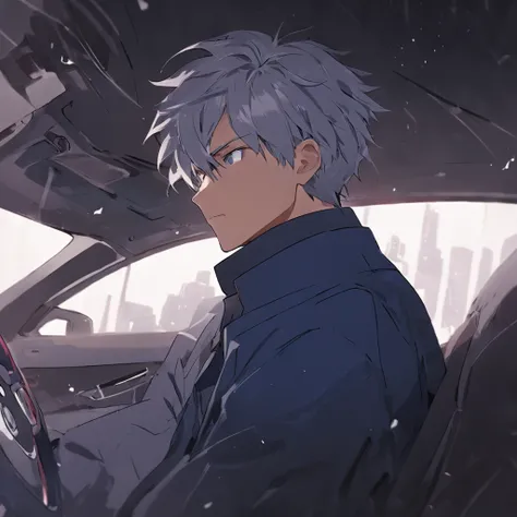 4K,   ,middle aged man，stubbles，hoary，Big back，Black and white hair，The Car，drive，cab，Inside the car，On the street，wind coat，Business suit，two tone color hair， Detailed face, Detailed background, Detailed interior background，The contour is sharp