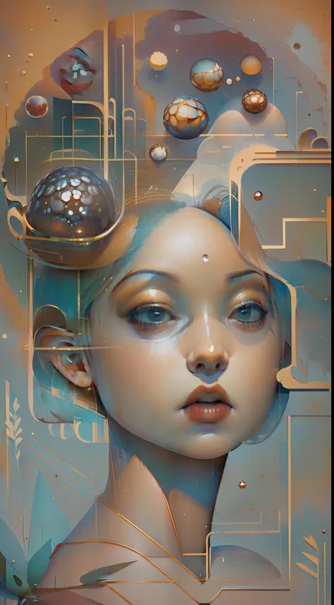 The human head consists of simple geometric shapes，square shapes，round form，spherical body、square shapes，triangles，Triangular body，ruit，planar，closeup cleavage，In fantastic installation style，Realistic and imaginative，hang/hang，Multi-layered collage，metals...