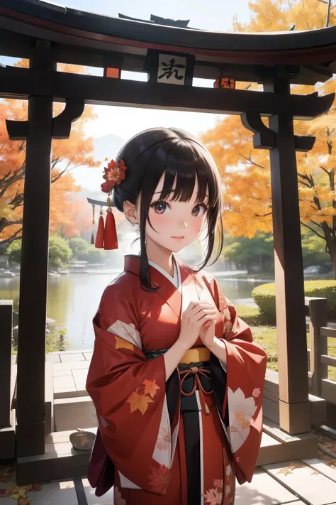 kimono　girl with　shrines　Worship　autumnal