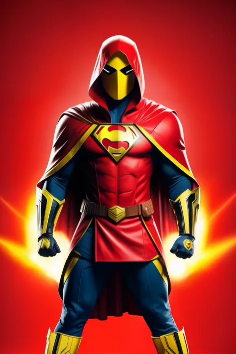 male superhero in red full body uniform, yellow sneakers, red hood with two antennae sticking out of it, yellow heart symbol on chest, holding red and yellow warhammer.